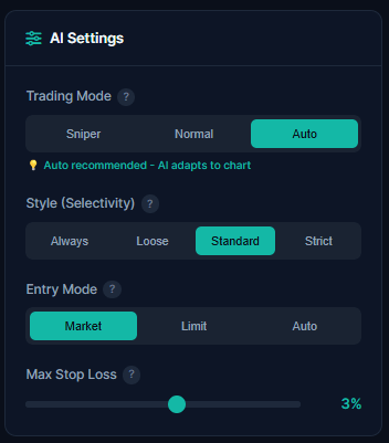 AI settings panel showing Sniper and Normal trading modes with selectivity slider