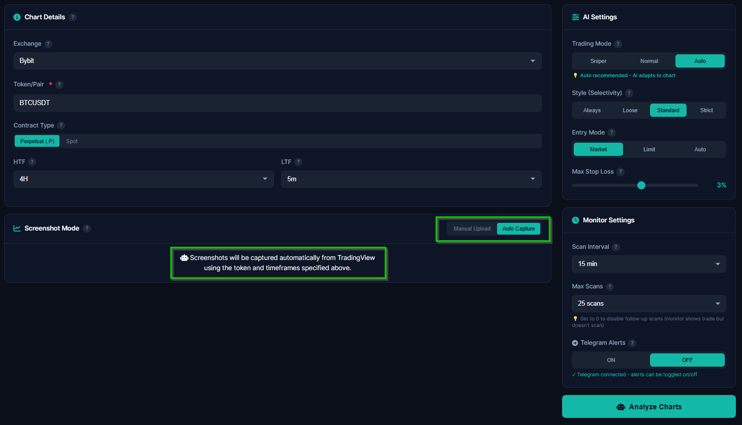 Chart analysis page with auto-capture from TradingView, AI settings, and monitor configuration