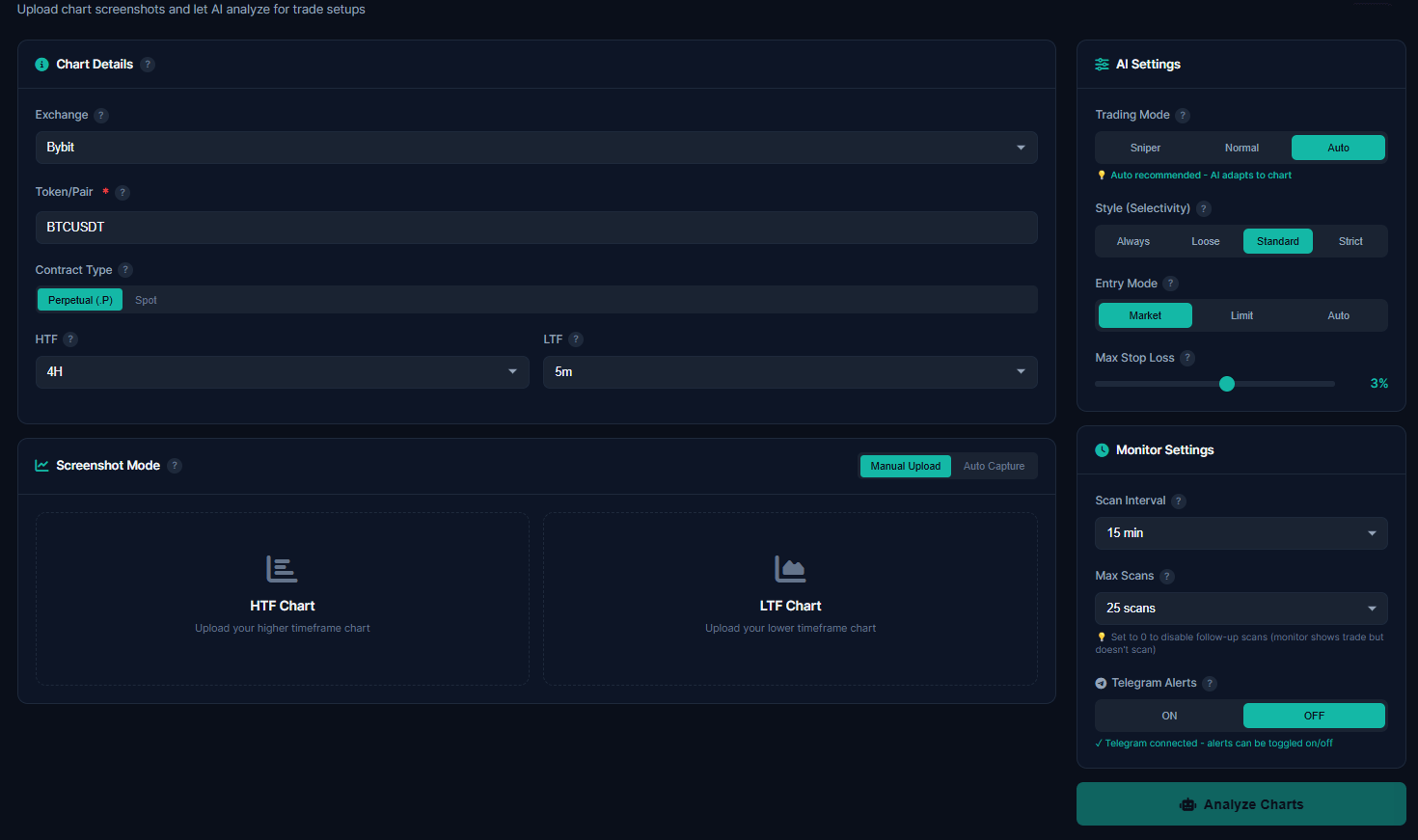ChartsTrack manual chart upload interface for TradingView screenshots