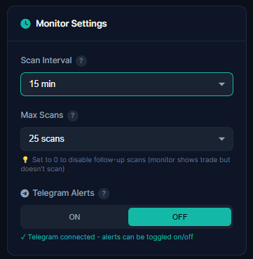 Monitor settings page for Telegram alerts and scan interval configuration